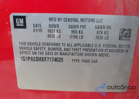 2015 Chevrolet Cruze Ls Auto z USA, uszkodzony, nr VIN 1G1PA5SHXF7174629